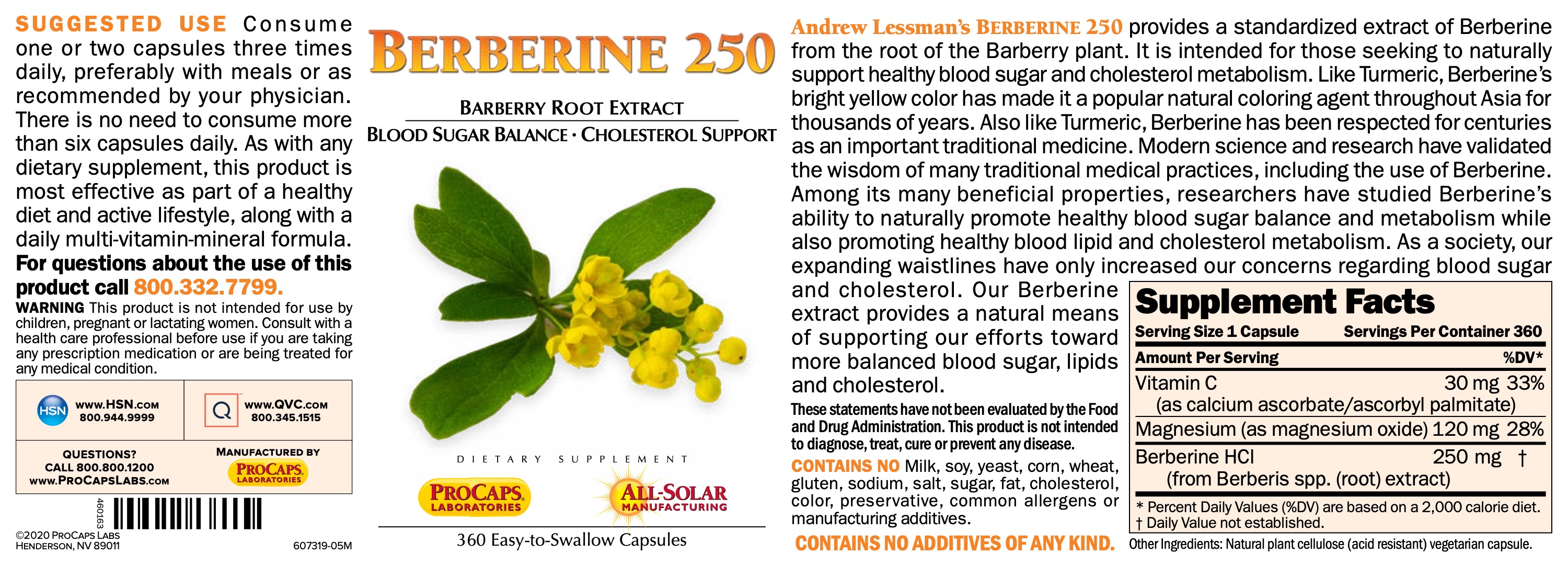 Berberine 250 Capsules Blood Sugar Support ProCaps Laboratories