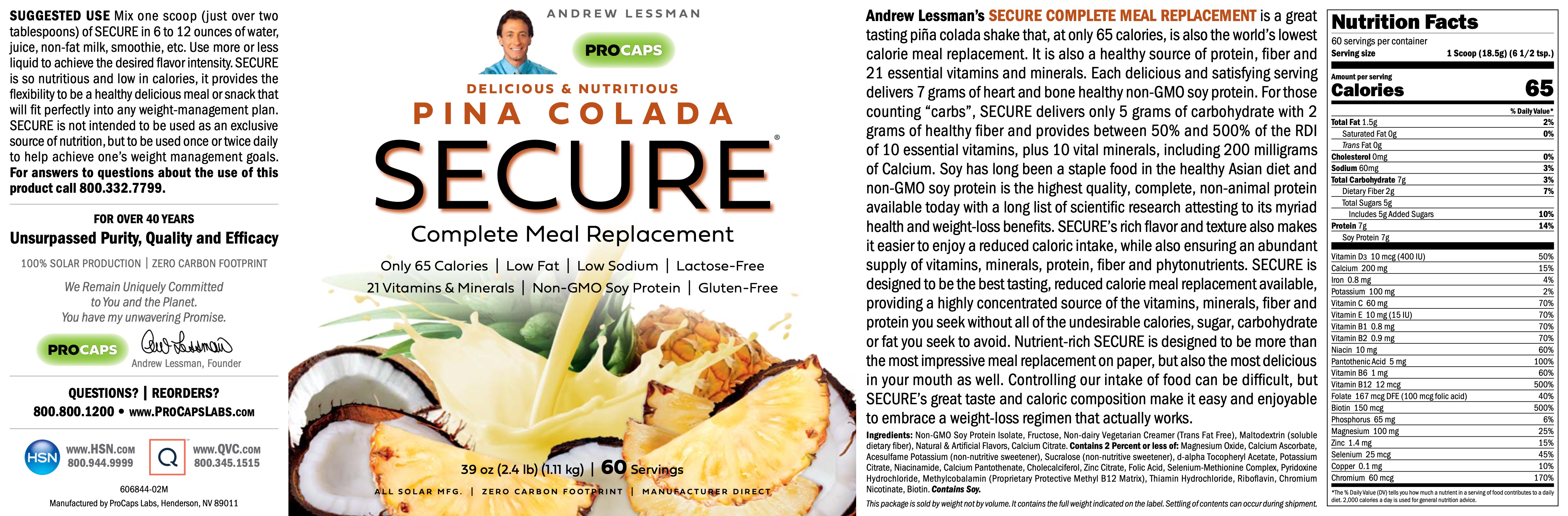 Secure Soy Complete Meal Replacement Pina Colada Weight Management Procaps Laboratories